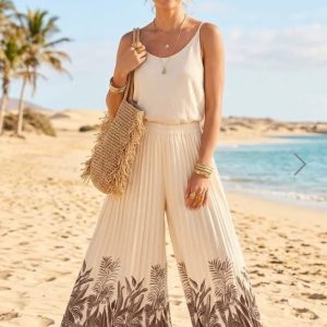 Pleated Trousers - Cream/Brown