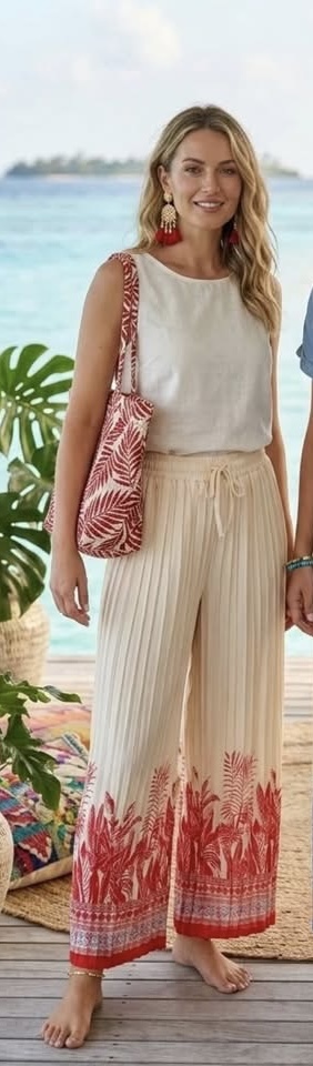 Pleated Trousers - Cream/Red - Image 2