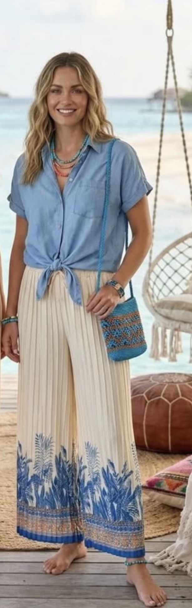 Pleated Trousers - Cream/Blue - Image 2