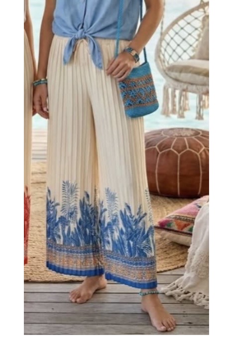 Pleated Trousers - Cream/Blue